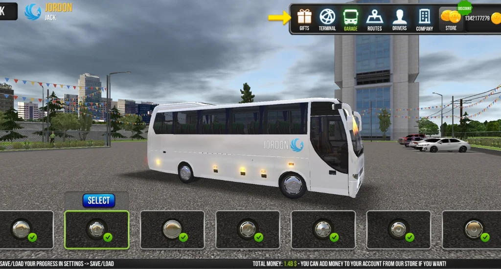 Bus Simulator dashboard showing fuel gauge with efficient driving on a long route